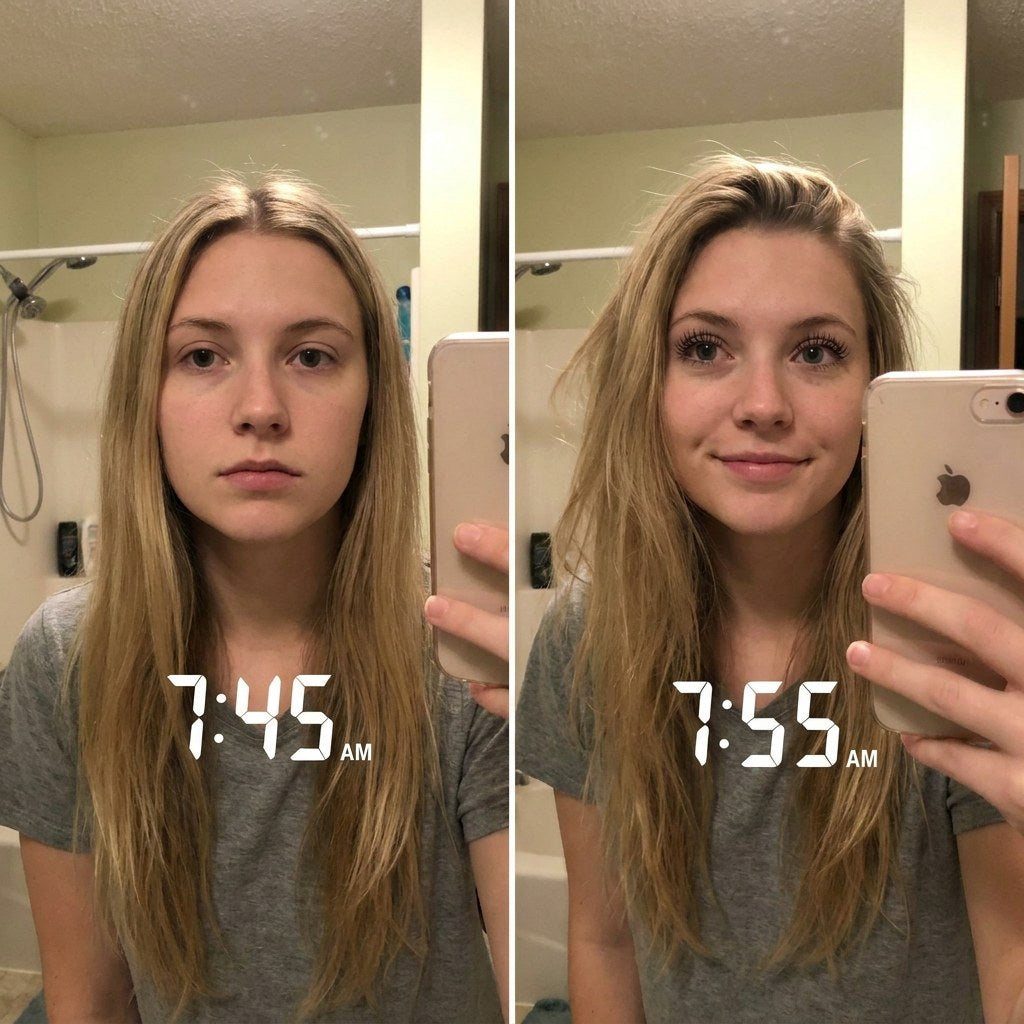 Bathroom selfie before and after: flat lashes at 7:45 AM, lifted lashes at 7:55 AM. Representative result.