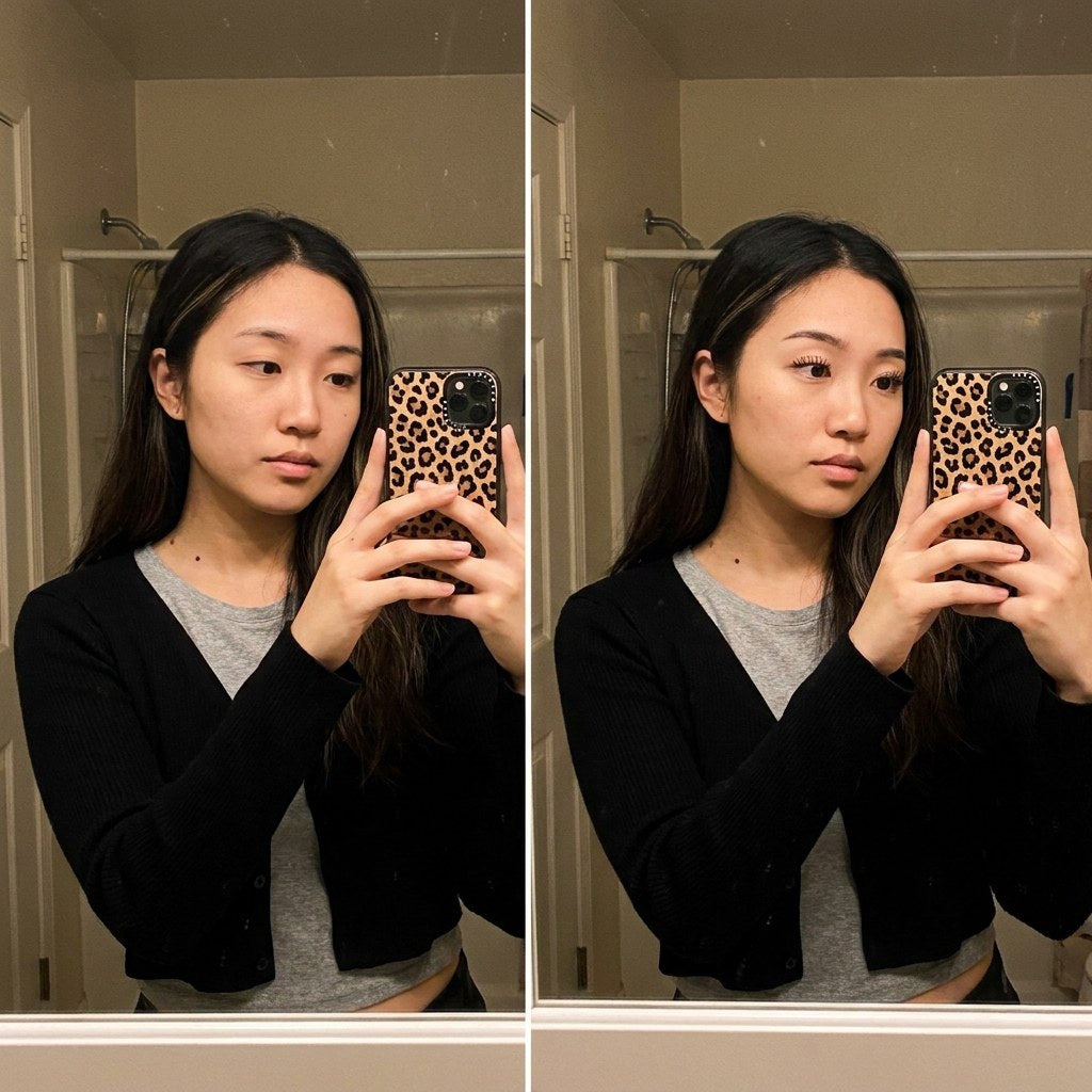 Mirror selfie before and after: short straight lashes, then a natural visible lift. Representative result.