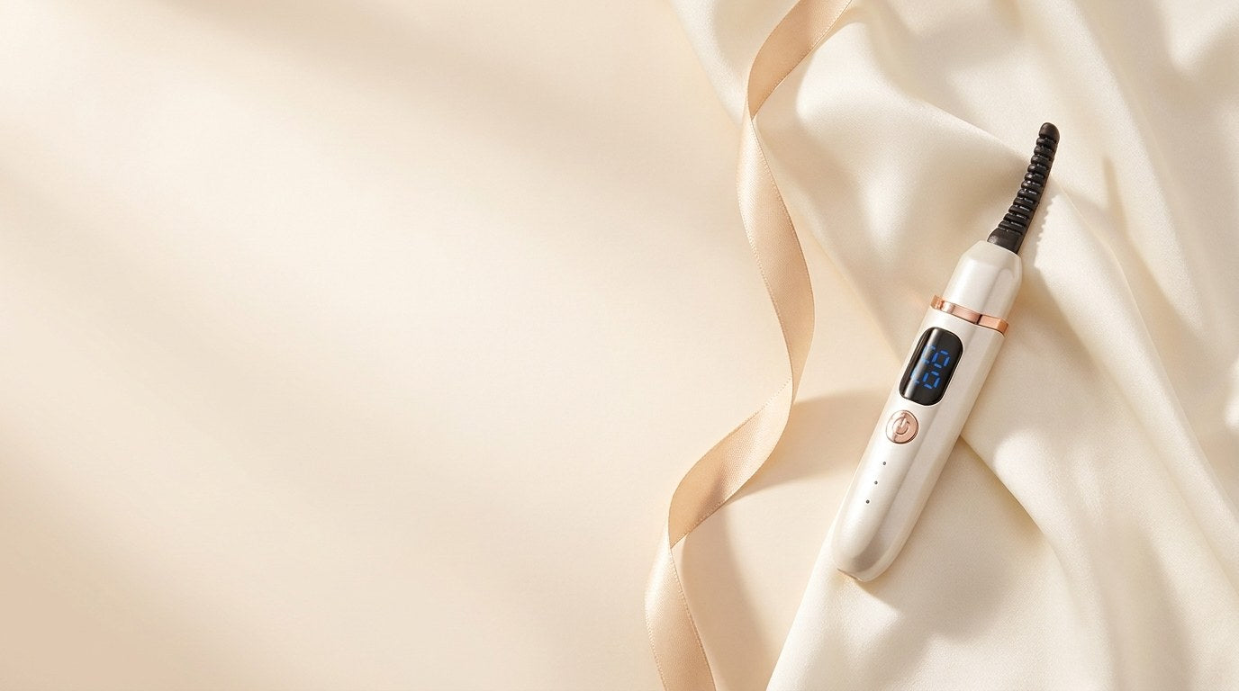 The Velora HeatLift resting on ivory silk with a champagne ribbon.