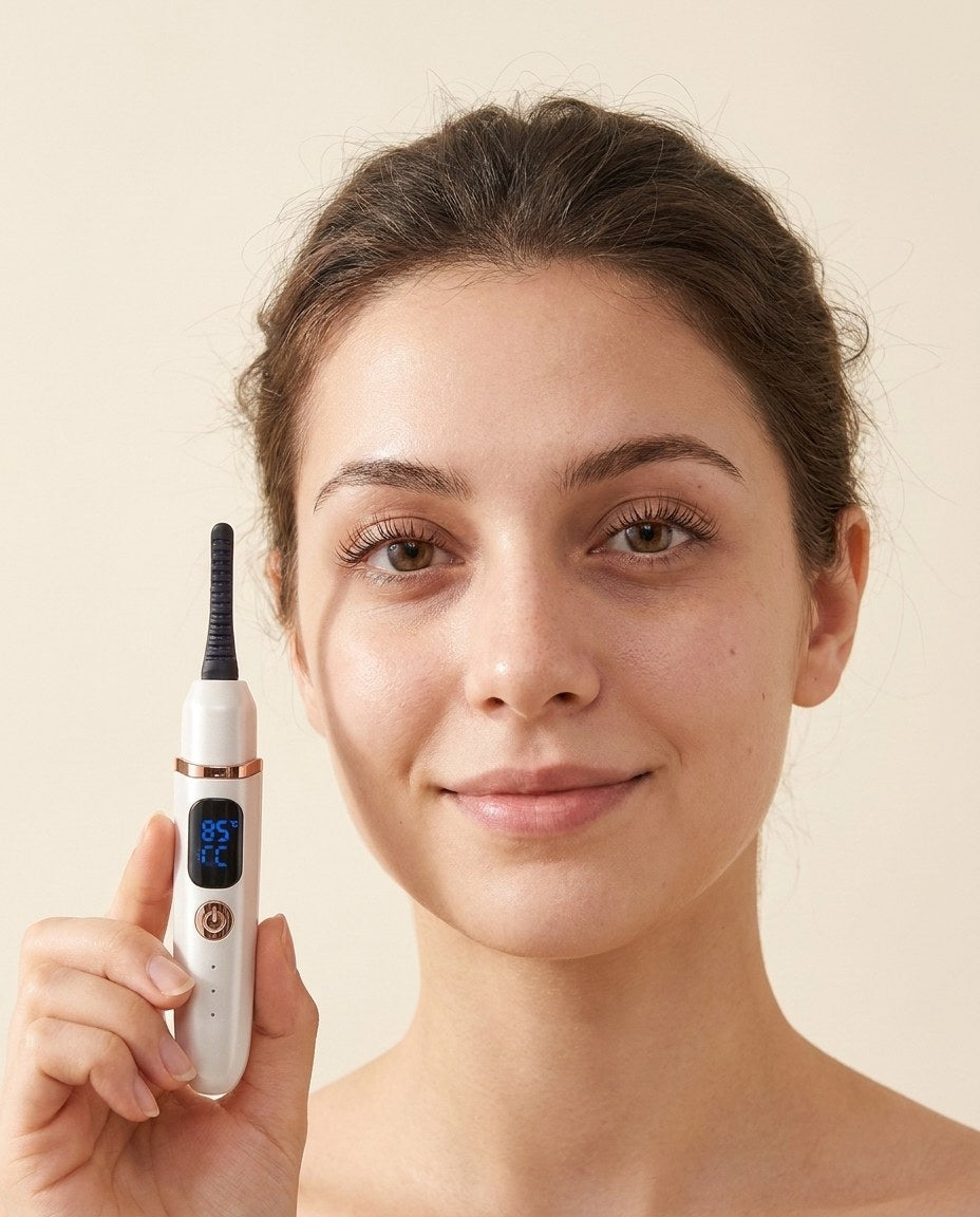 A woman holding the Velora HeatLift up to her lashes, showing its curved heated tip and digital display.