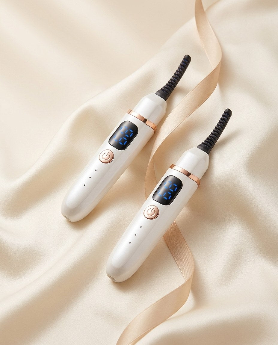 Two Velora HeatLift curlers side by side on champagne silk with a ribbon.