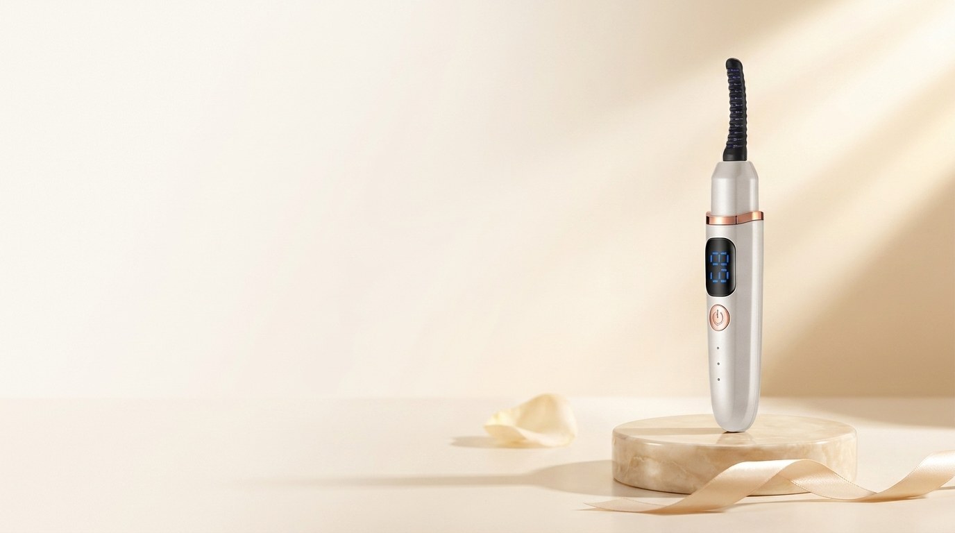 The Velora HeatLift heated lash curler standing on a marble pedestal in soft morning light.