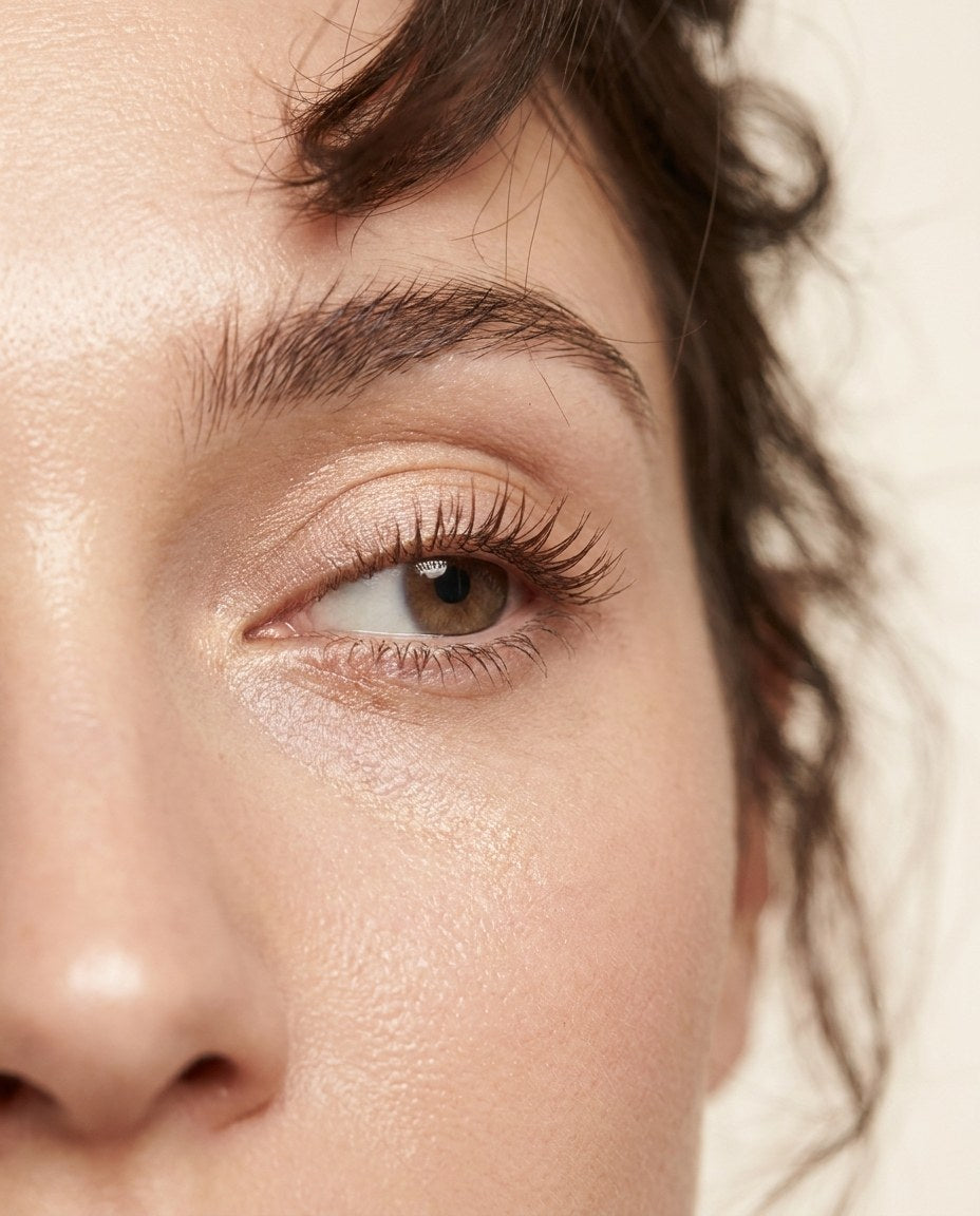 Close-up of an eye with naturally lifted lashes in soft light.