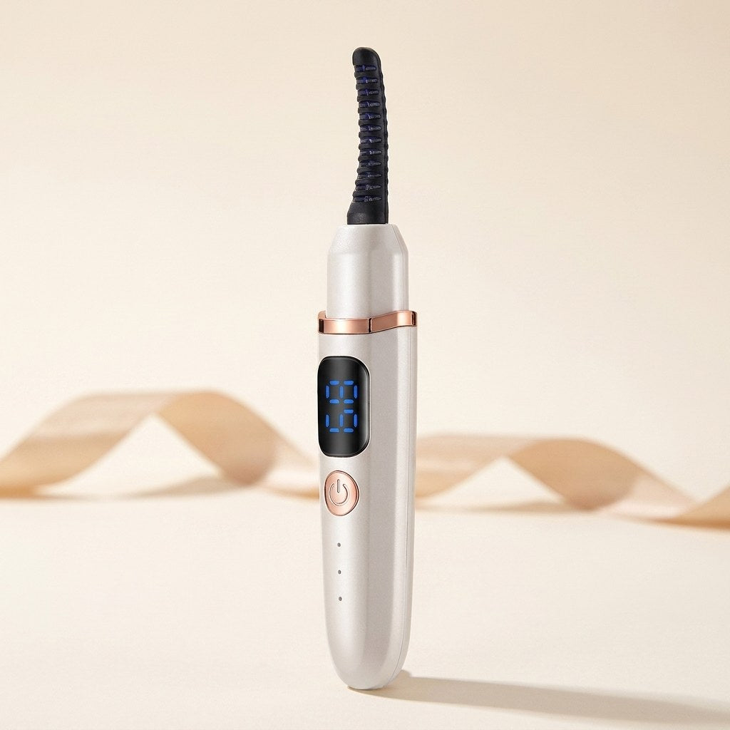 The Velora HeatLift heated lash curler in white and champagne, standing upright on warm ivory.