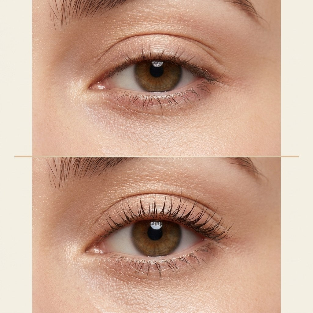 Close-up of the same eye before and after using the Velora HeatLift: lashes flat, then lifted. Representative result.