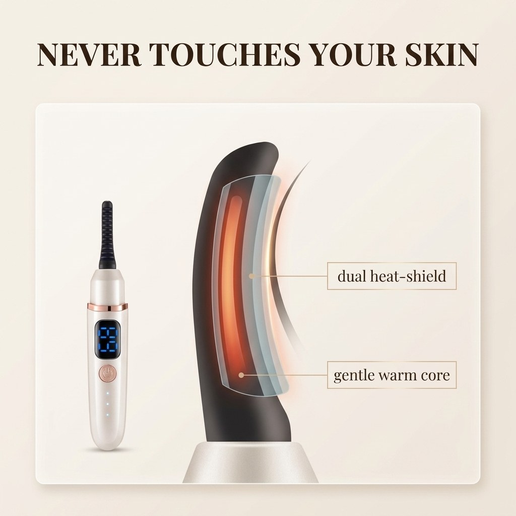 Safety diagram: the dual heat-shield sits between the warm core and your lashes, so it never touches your skin.