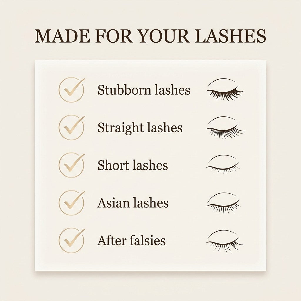 Made for your lashes: stubborn, straight, short, Asian, and post-falsies lash types.