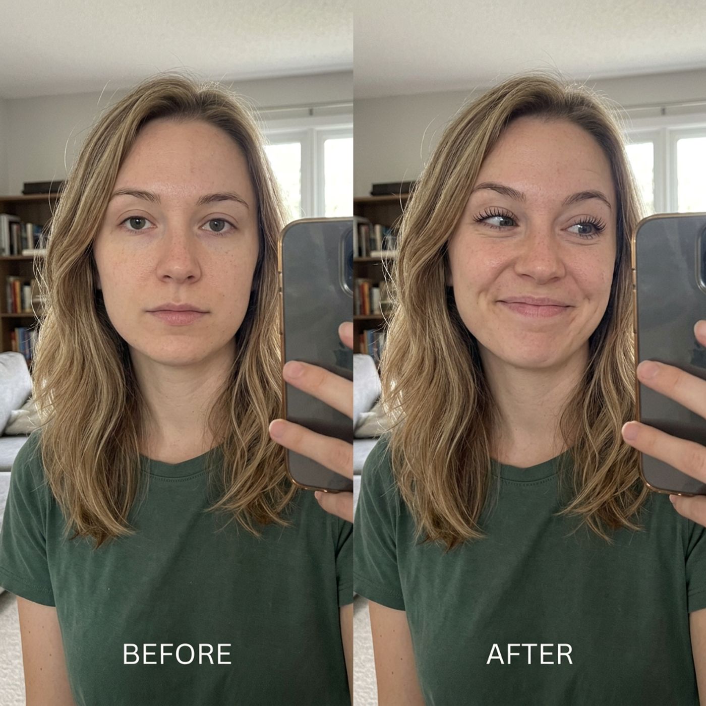 Bathroom selfie before and after: flat lashes at 7:45 AM, lifted lashes at 7:55 AM. Representative result.