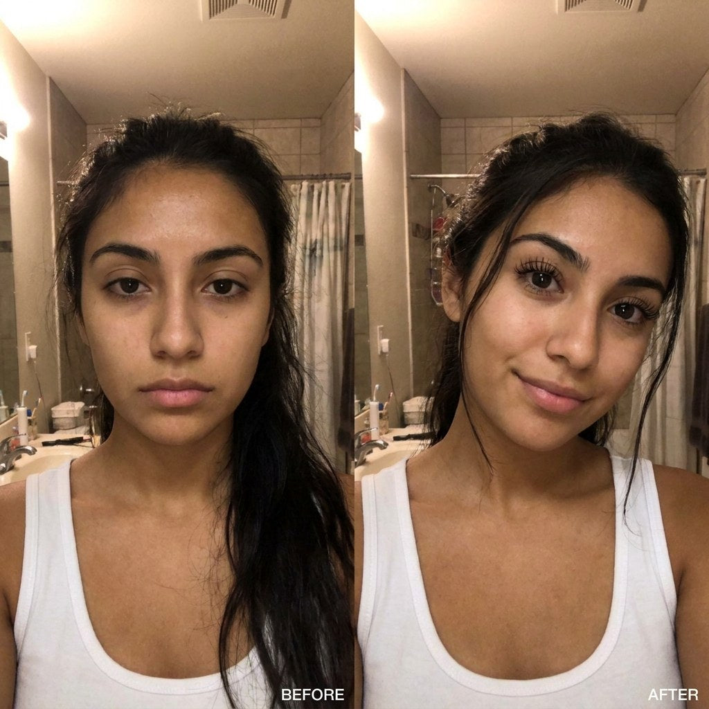Bathroom selfie before and after: lashes before use, visibly lifted after one pass. Representative result.