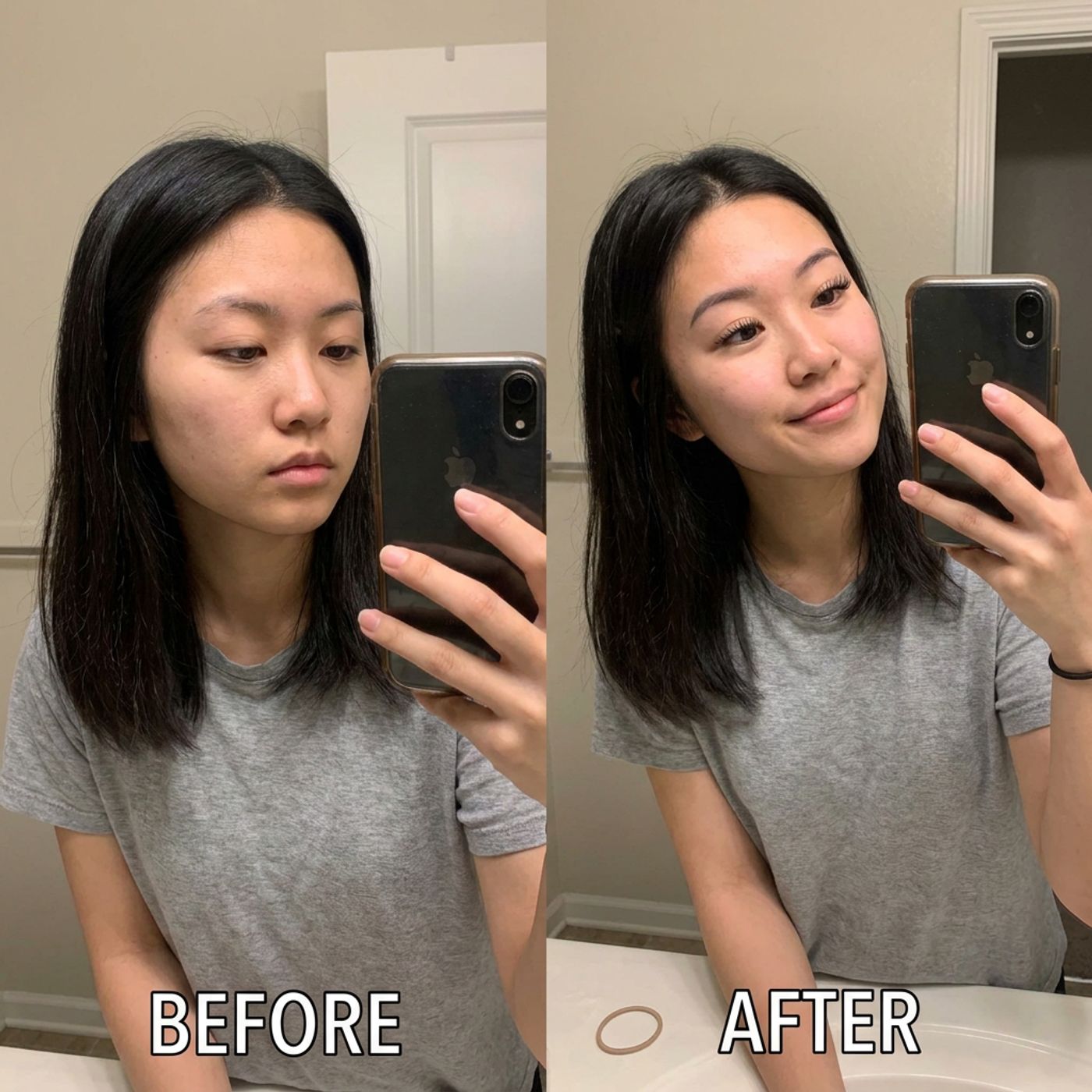 Mirror selfie before and after: short straight lashes, then a natural visible lift. Representative result.